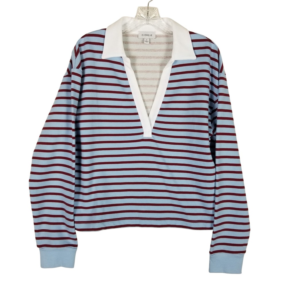 Evereve Rugby Pullover Women Small Blue Burgundy Striped Pima Cotton V-Neck